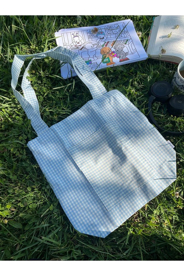 Blue Small Gingham Eco-Friendly Cloth Bag, Linen Arm and Shoulder Bag with Pocket, Unisex Shopping Bag