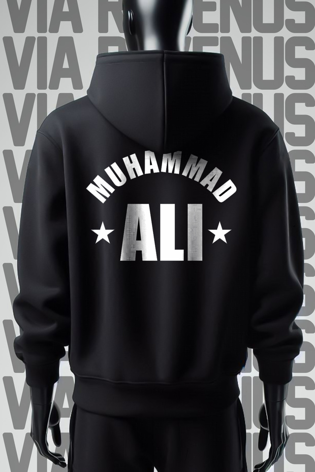 Muhammad Ali Front and Back Printed 3 Thread Wide Pattern Black Hooded Sweatshirt