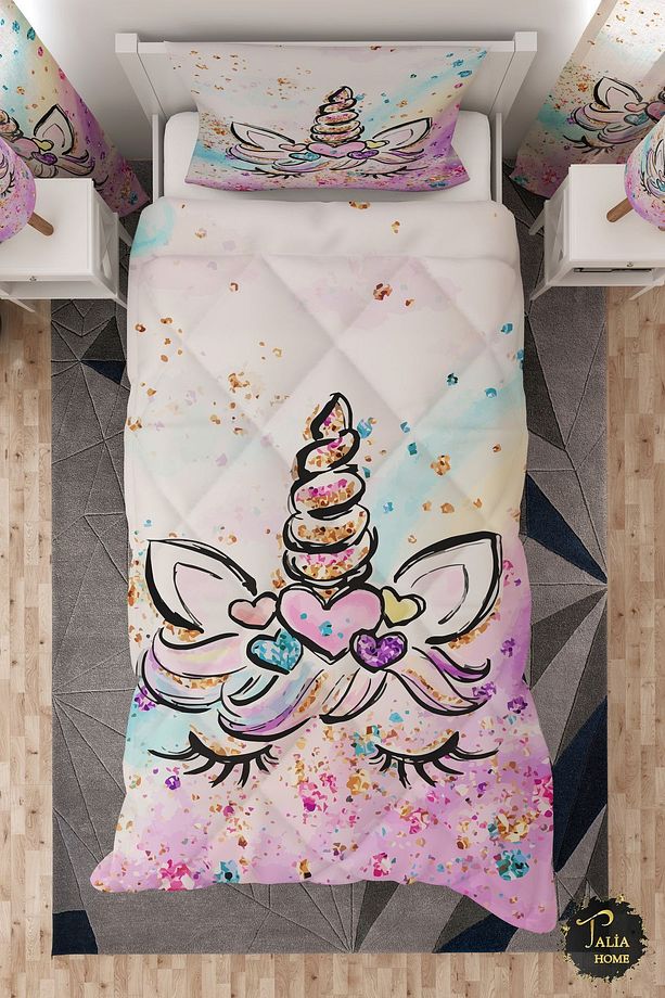 Unicorn Desenli Tek Kişilik Çocuk Yorganı Uyku Seti - 1