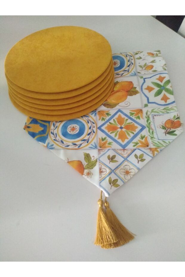 Placemat Set Lemon Patterned Runner 6 Yellow Plates - 1