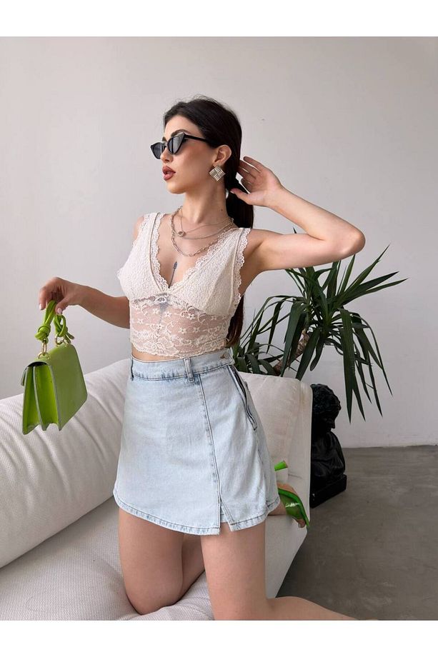 Mini Yırtmaçlı Denim Kot Şort Etek - 2