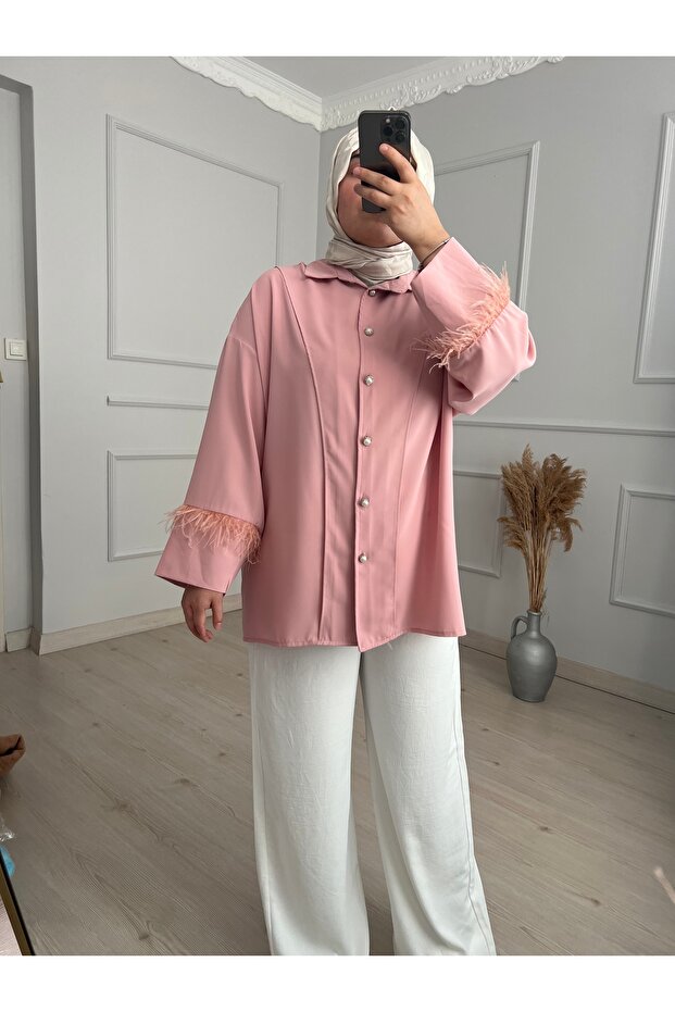 Tül Detay Gömlek-pudra - 2