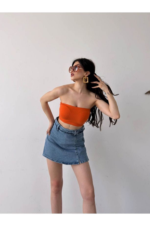 Mini Yırtmaçlı Denim Kot Şort Etek - 1