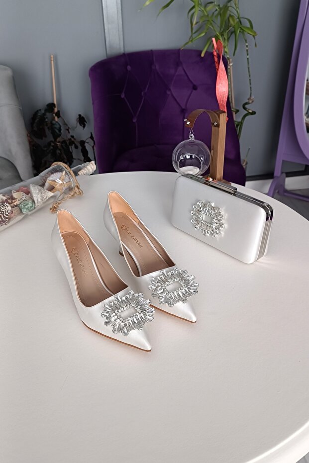 Bag Box Set Mother of Pearl Satin 7cm Heeled King Stone Evening Dress Stiletto Women's Shoes
