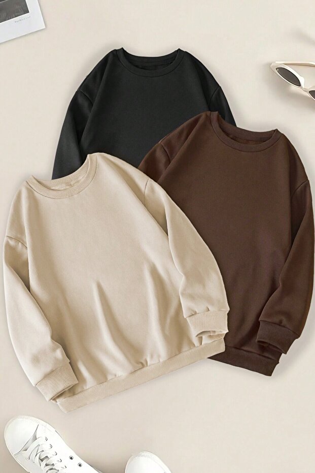 Unisex 3-Pack Brown Black Beige Crew Neck Oversize Sweatshirt