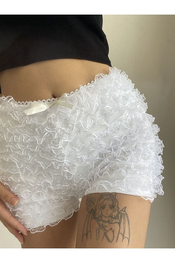 Bloomer Şort Fırfırlı Dantelli Kısa Likralı Tayt Şort - 4