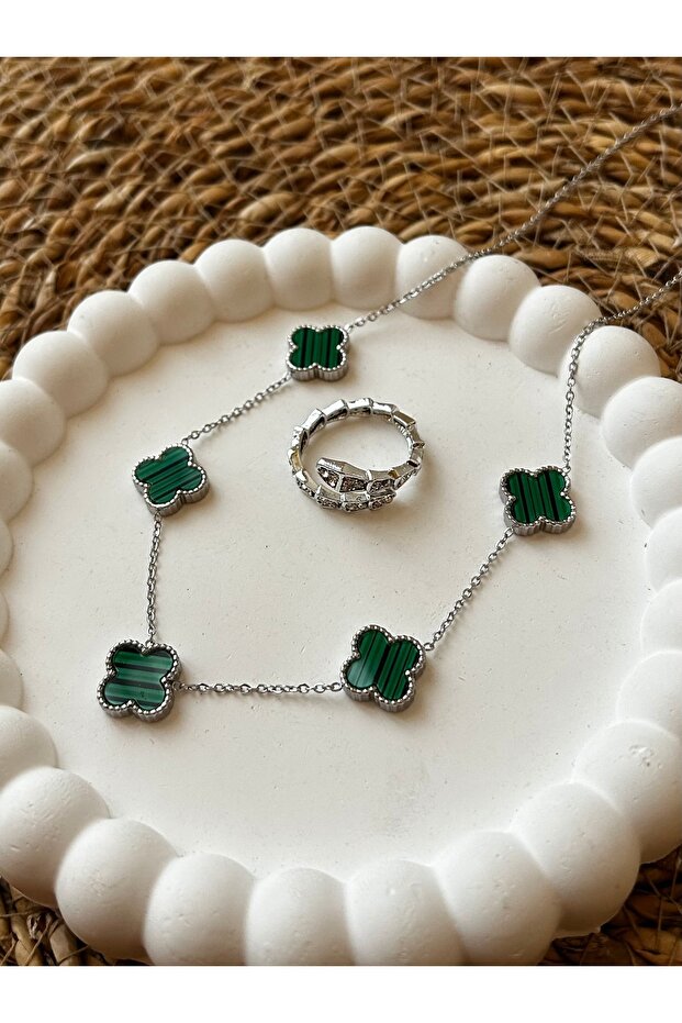 Çelik Yeşil Yonca Kolye - 4