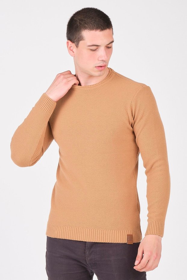 Erkek Krem Bisiklet Yaka Basic Triko Kazak