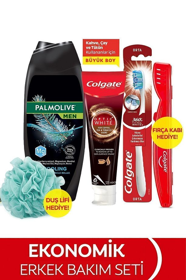 Diş Macunu 125 ml, Orta Diş Fırçası, Palmolive Men Duş Jeli 500 ml + Duş Lifi & Fırça Kabı - 1