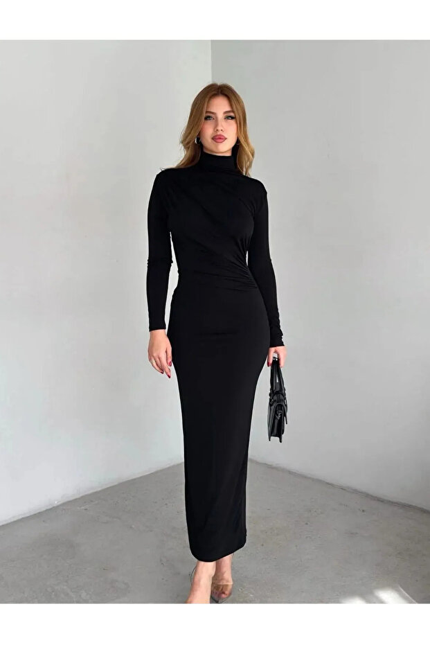 Women's Gathered Turtleneck Long Sleeve Sandy Long Dress