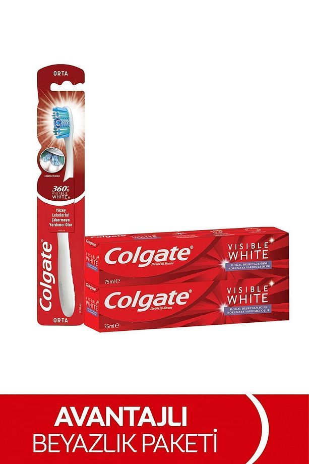 Visible White Maksimum Beyazlık Diş Macunu 75 ml X2 Adet, 360 Visible White Orta Diş Fırçası - 1