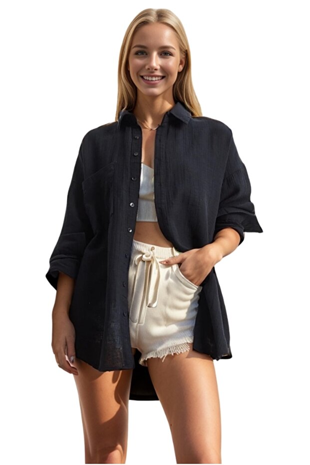 Women's Black Single Pocket Oversize 100% Cotton Muslin Shirt