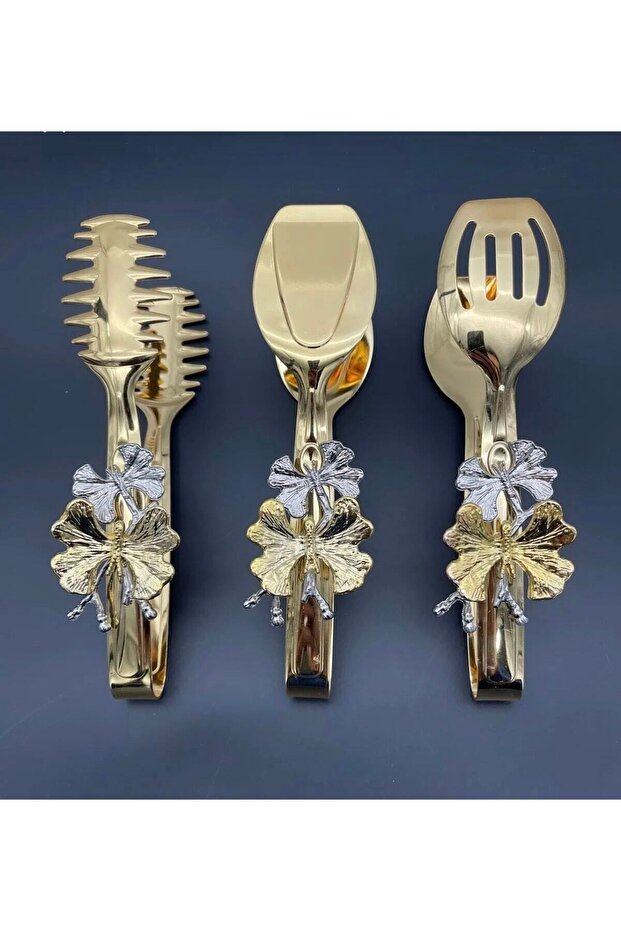 Gold Butterfly Patterned 3-Piece Titanium Tongs Set - Stainless Steel