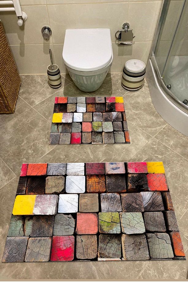 Renkli Banyo Paspası Klozet Takımı 2'li Kaymaz Tabanlı Set - 3