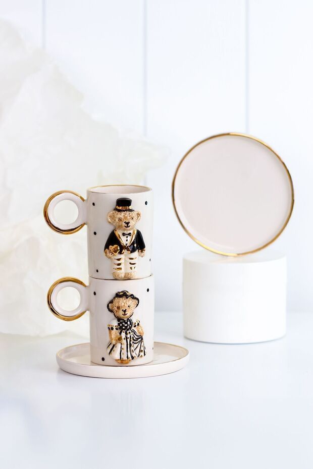 Black and White Bear Ceramic 2-Piece Turkish Coffee Cup Set / Handmade Ceramic 2-Piece Cup Set