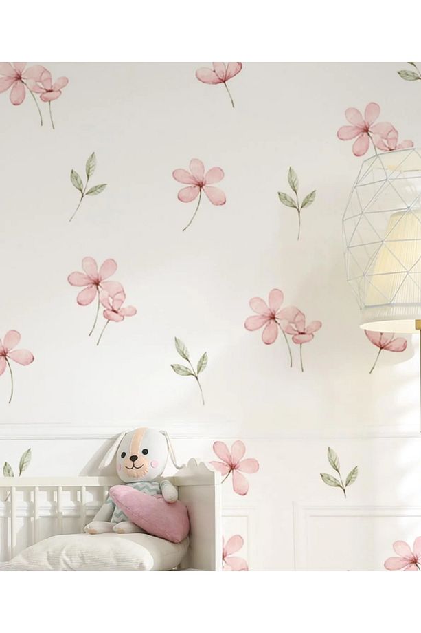 PEMBE KIR ÇİÇEKLERİ DUVAR Sticker Seti, Çocuk Bebek Odası Çiçek Sticker Seti - 1