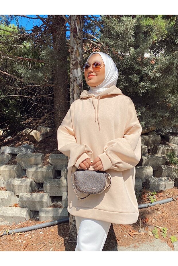 Extra Oversize Bej Basic 3 Iplik Pamuklu Şardonlu Kadın Sweatshirt 1003 - 4