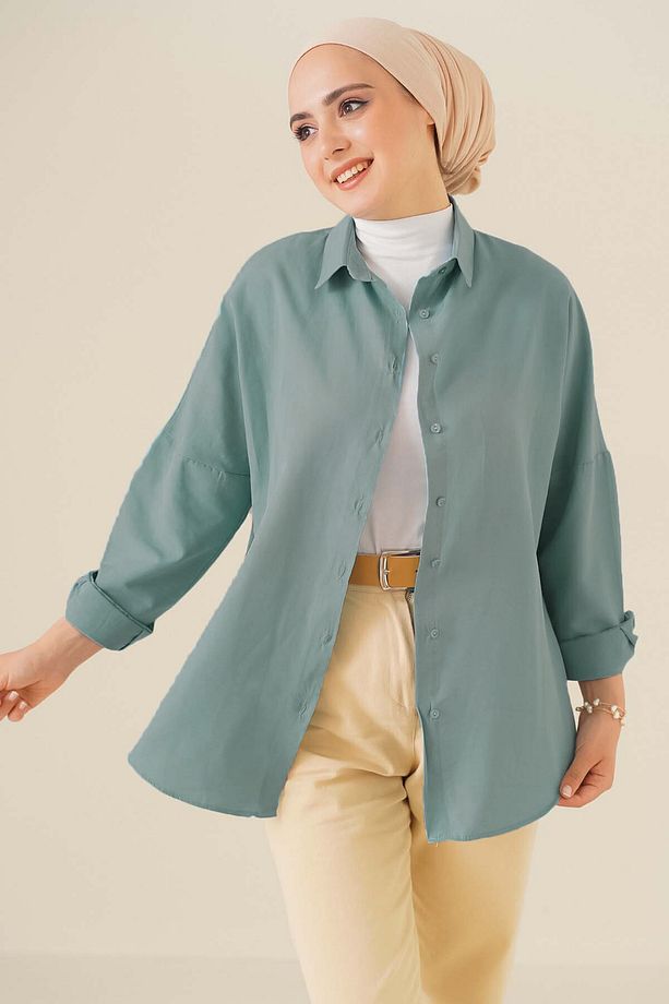 103901 Oversize Basic Tesettür Gömlek - Su Yeşili - 1
