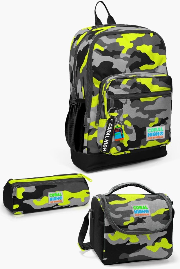 Coral High Kids 3-Piece Black Gray Camouflage School Bag Set 0123117
