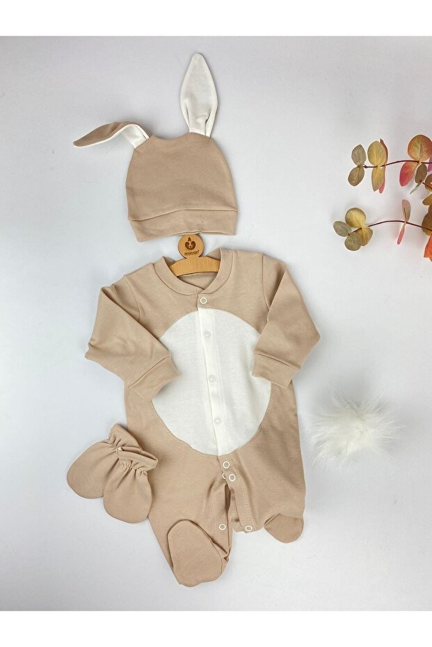 Beige Hospital Release Nebek Rabbit Themed Pompom Jumpsuit Mevlüt Set Newborn