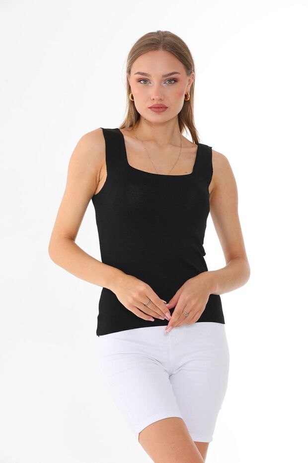 Women's Black Sleeveless Blouse Thick Strap Long Undershirt Thin Summer Square Neck Knitwear Square1001