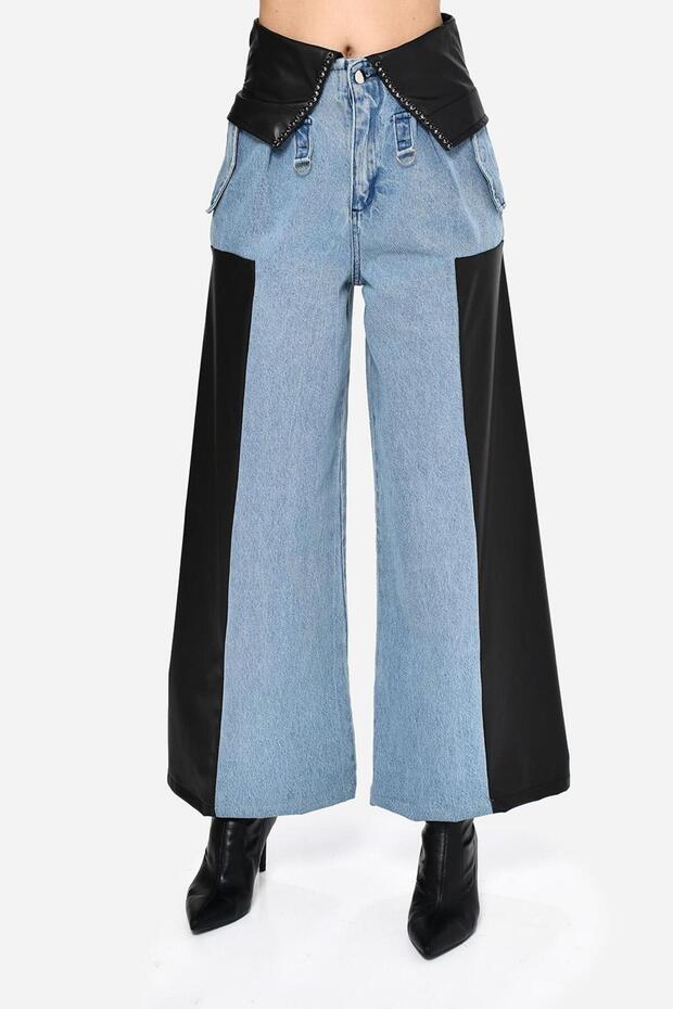 Deri Detaylı Tasarım Pantolon - 1