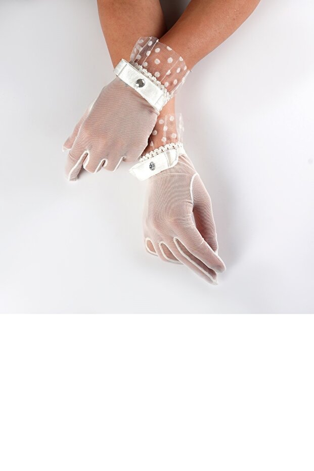 White Lycra Tulle Bridal Gloves