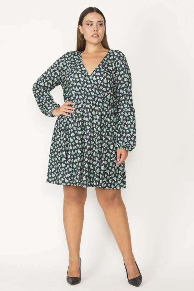 Women's Large Size Green Wrap Collar Dress with Elastic Detail on the Cuff and Waist 65n27422