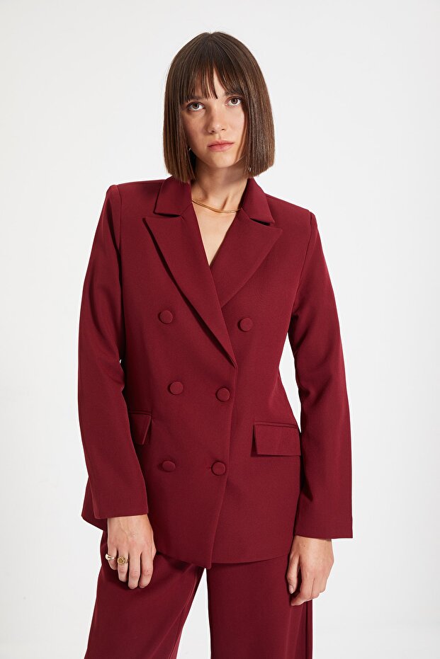 Bordo Regular Astarlı Dokuma Blazer Ceket TWOSS21CE0137 - 4