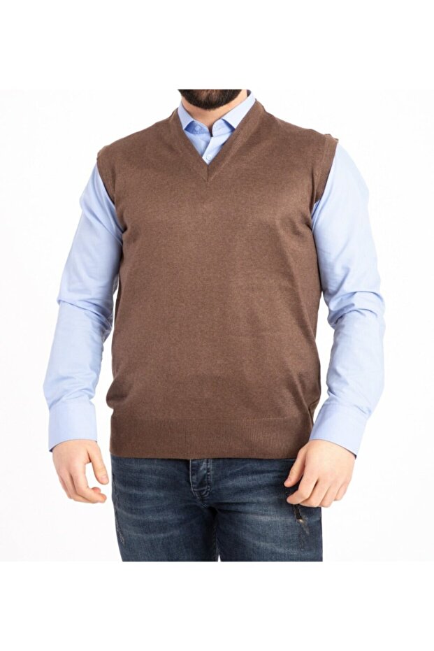 Men's Brown V-Neck Slim Wool Knitwear Knitted Anti-Pilling Sweater