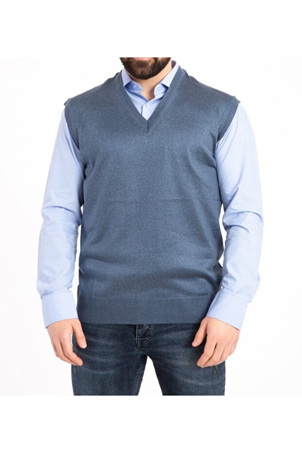 Men's Indigo V-Neck Fine Wool Knitwear Knitted Anti-Pilling Sweater