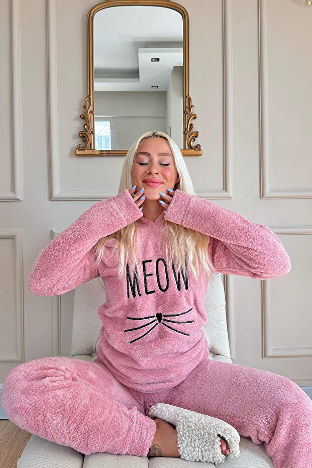 Set de pijamale de pluș de damă roz cu model Meow - 4