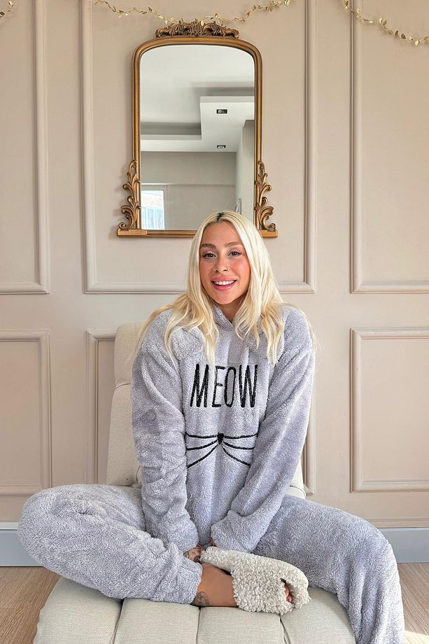 Açık Gri Meow Desenli Tam Peluş Pijama Takımı - 6