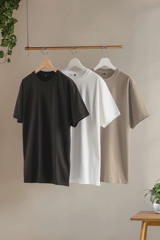 Stone-Ecru-Antracite Slim/Slim Cut Crew Neck Basic 100% bavlna Tričko s 3 baleniami TMNSS19BO0007 - 2