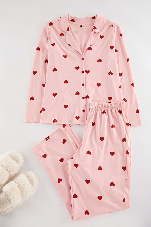 Pembe Kalpli Gömlek Yaka Örme Pijama Takımı TBBAW23AI00019 - 3