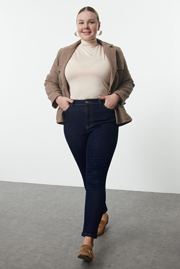 Koyu Mavi Yüksel Bel Toparlayıcı Büyük Beden Skinny Jeans TBBAW25CJ00016 - 1