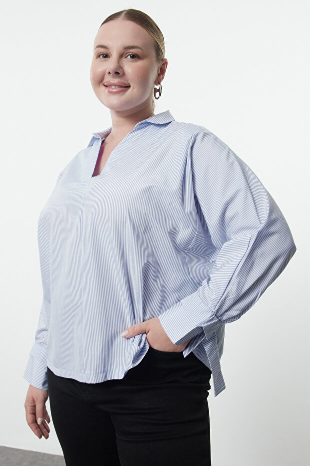 Blue White Striped Basic Long Sleeve Back Elastic Woven Plus Size Blouse Tbbaw25Af00022