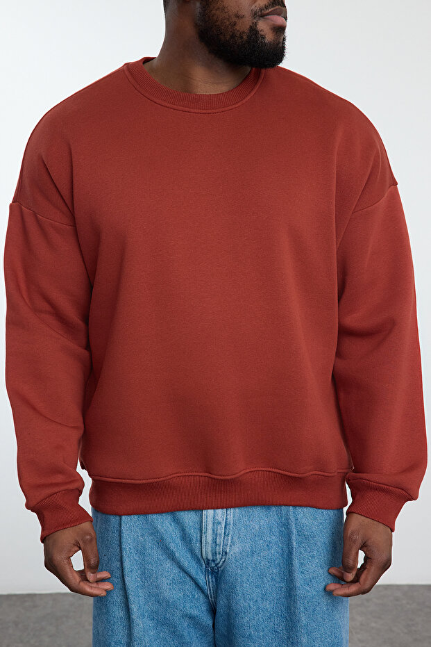 Brick Colored Plus Size Fleecová bavlnená mikina - Tmnaw25Ao00027 - 3