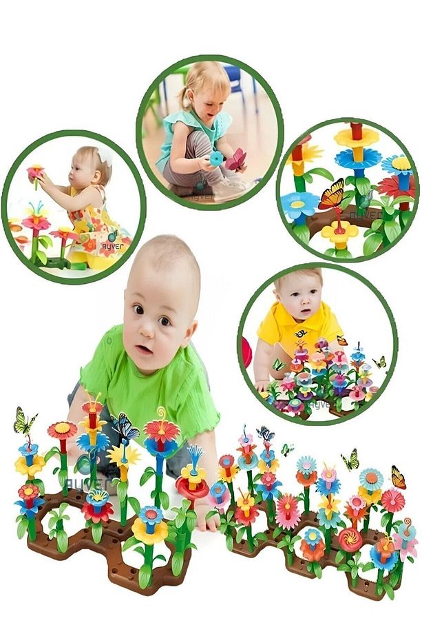 104 Parça Bahçe Çiçek Yapım Seti Eğitici Oyuncak Çiçek Bahçesi Yapı Blokları Yapboz Bul Tak Puzzle - 1