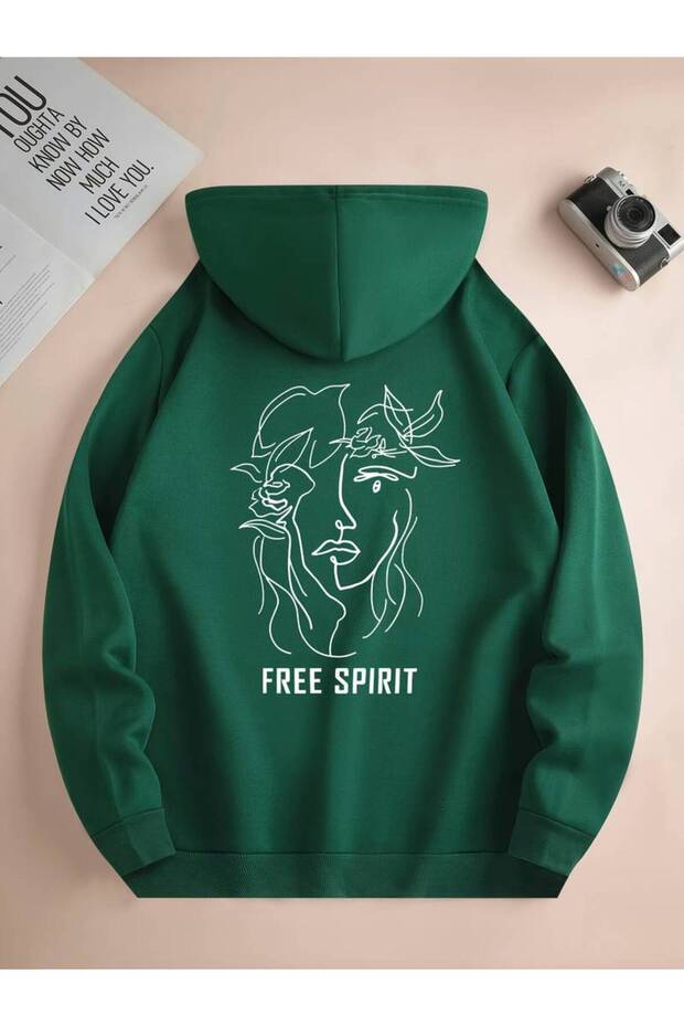 Unisex Free Spirit Printed Oversize Winter 3 Yarn 100% Cotton Hooded Sweatshirt Hoodie