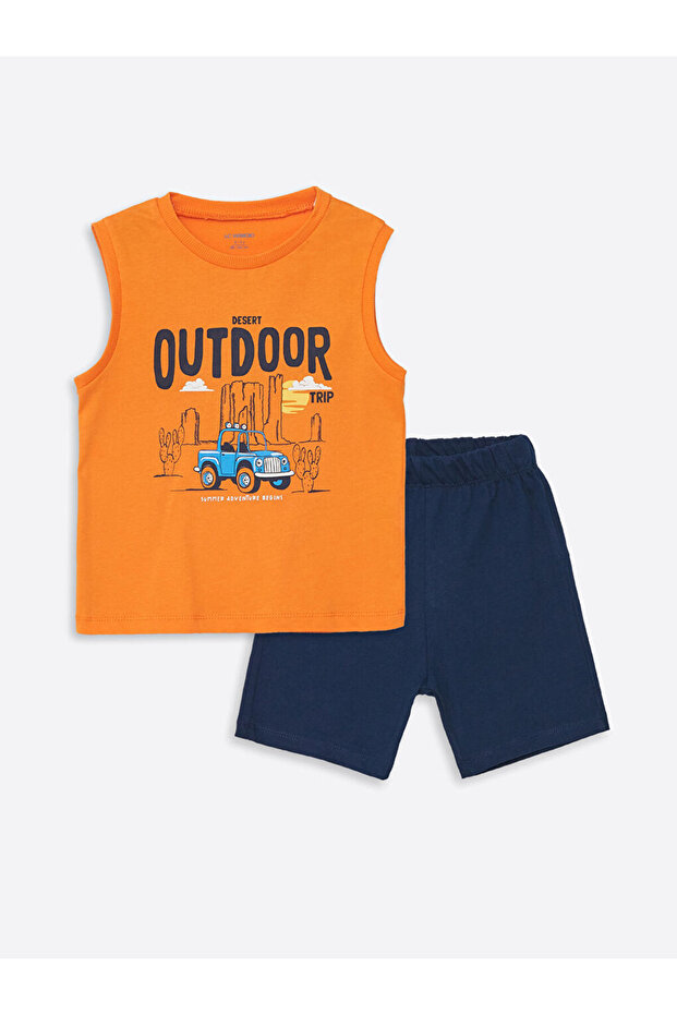 Lcw Crew Neck Sleeveless Printed Baby Boy Undershirt and Shorts Set of 2