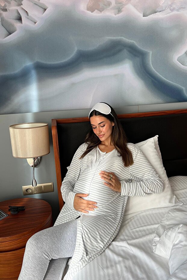 Cotton Gray Maternity Nightgown with 4-Piece Sleeping Glasses