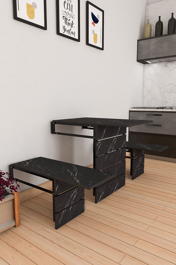 Duvara Monte Katlanabilir Dekoratif 2 Tabureli Pratik yemek Kırma Mutfak Balkon Masası Siyah - 2