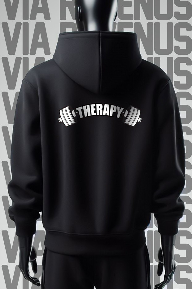 Gym Therapy Front and Back Printed 3 Thread Wide Fit Black Hooded Sweatshirt