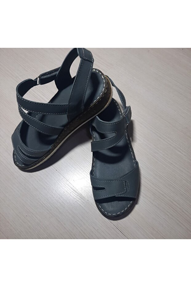 100% Genuine Leather Inside and Out, Smoked Color, Wedge Heel, Light Sole, Velcro Sandals.