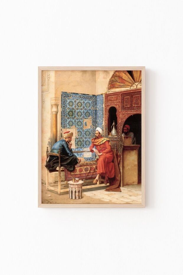 رجلان يلعبان الشطرنج - إطار خشبي منقوش
