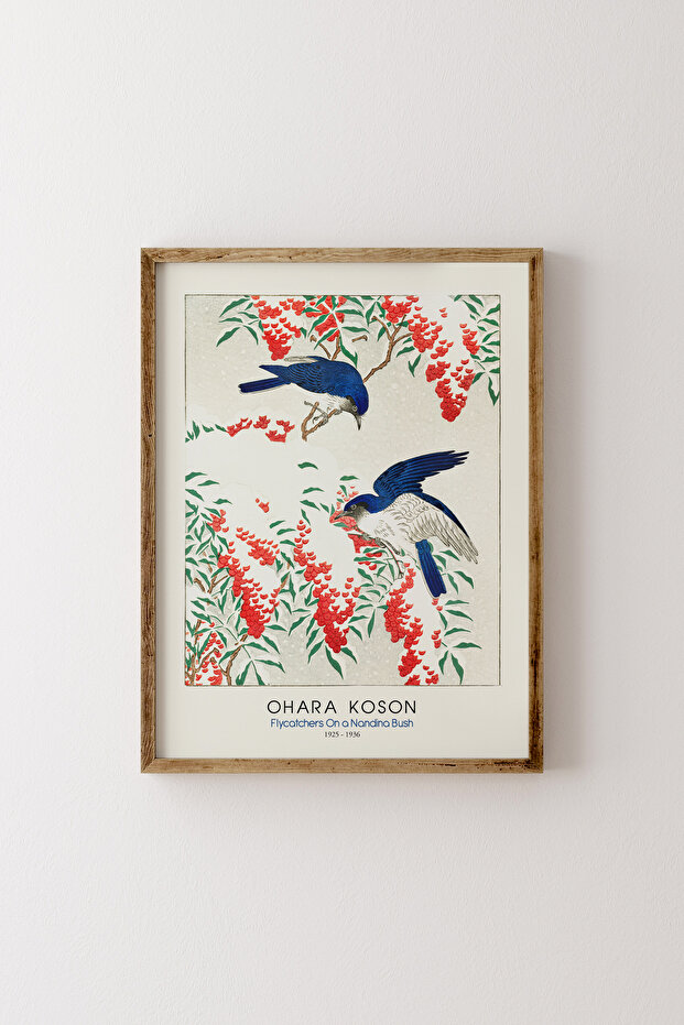 Flycatchers in Nandina Bush - Ohara Koson - Wooden Patterned Frame