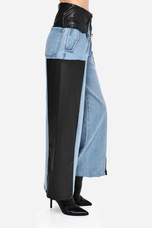 Deri Detaylı Tasarım Pantolon - 5