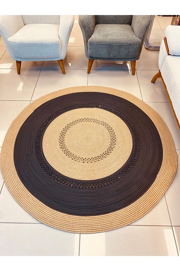 jüt Hasır görünümlü Desenli Modern El Örgüsü daire Halı Kilim - 7