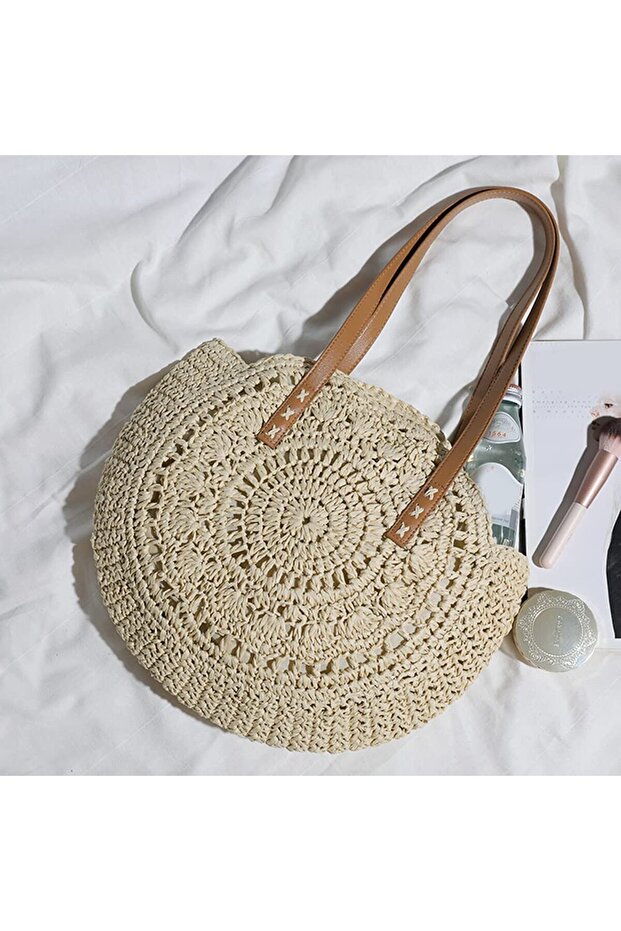 Cream Color Lace Model Round Handmade Paper String Knitted Shoulder Bag | Beach - Summer House - Gift